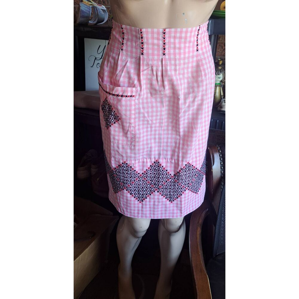 Vintage Pink Handmade Gingham Apron Embroidered Cottagecore Retro Kitchen Half A